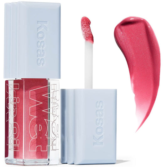 Kosas Cosmetics Wet Lip Oil Gloss - Malibu (4.6 ml) showing spreading wand and product swatch