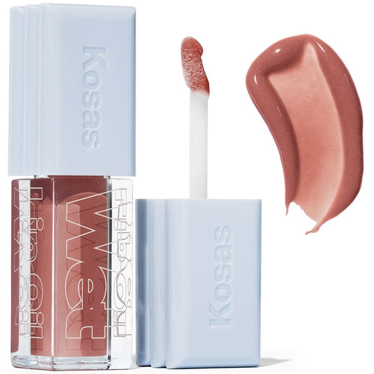 Kosas Cosmetics Wet Lip Oil Gloss - Unbuttoned (4.6 ml) showing spreading wand and product swatch